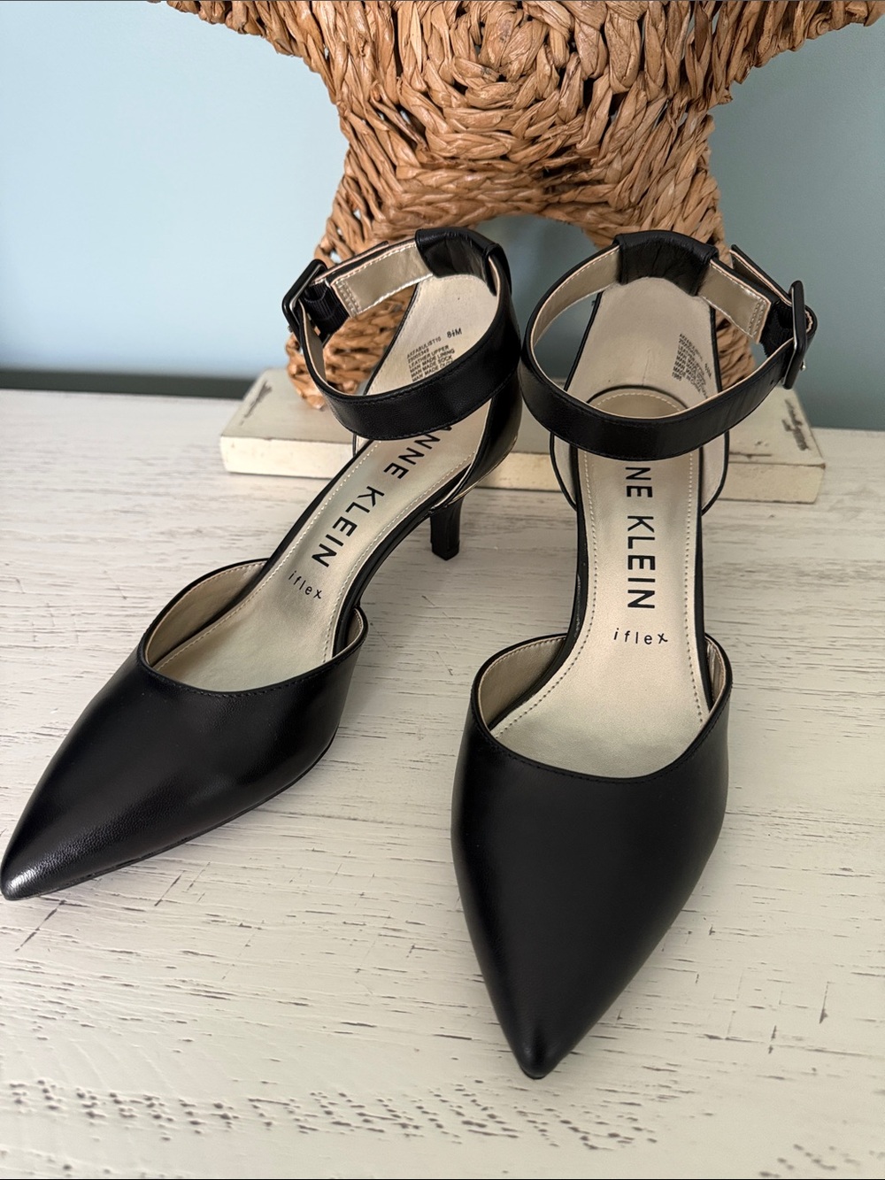 Anne Klein Black Pointed-Toe Ankle-Strap Pumps